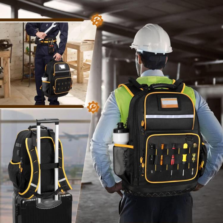 Zaino portautensili in tessuto Oxford con base in gomma, tasche multiple e scomparto per laptop da 15,6 pollici.