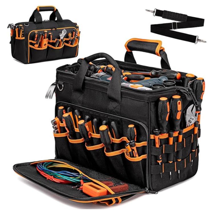 Borsa portautensili robusta da 17 pollici, portatile, con 46 tasche, base in gomma antiscivolo e tracolla.