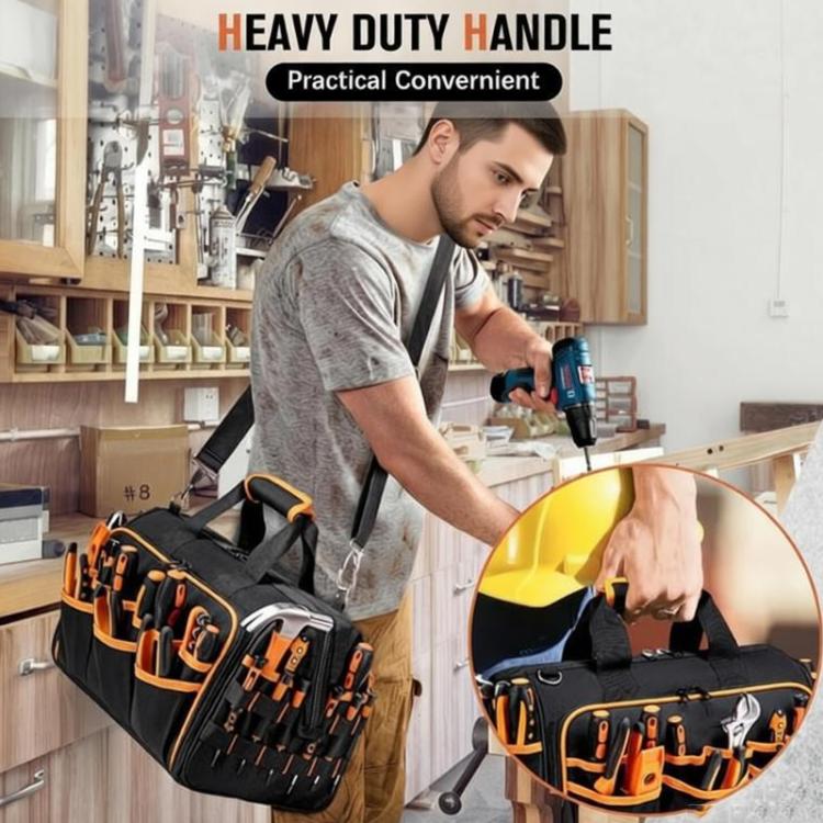 Borsa portautensili robusta da 17 pollici, portatile, con 46 tasche, base in gomma antiscivolo e tracolla.