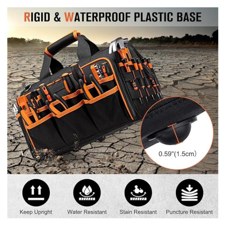 Borsa portautensili robusta da 17 pollici, portatile, con 46 tasche, base in gomma antiscivolo e tracolla.