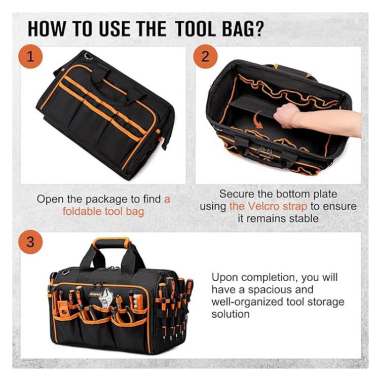 Borsa portautensili robusta da 17 pollici, portatile, con 46 tasche, base in gomma antiscivolo e tracolla.