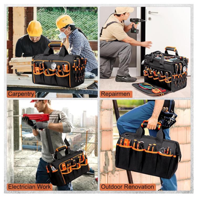 Borsa portautensili robusta da 17 pollici, portatile, con 46 tasche, base in gomma antiscivolo e tracolla.