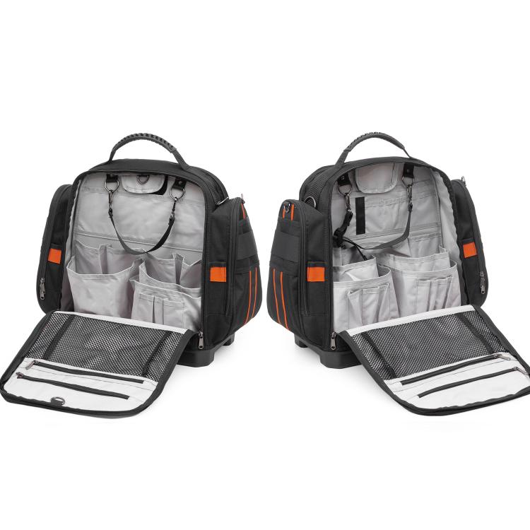 Borsa portautensili resistente in tessuto Oxford con fondo rigido, ideale per riporre utensili manuali, tester e strumenti di misurazione.