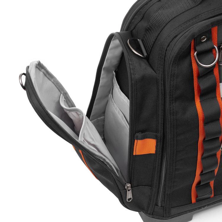 Borsa portautensili resistente in tessuto Oxford con fondo rigido, ideale per riporre utensili manuali, tester e strumenti di misurazione.
