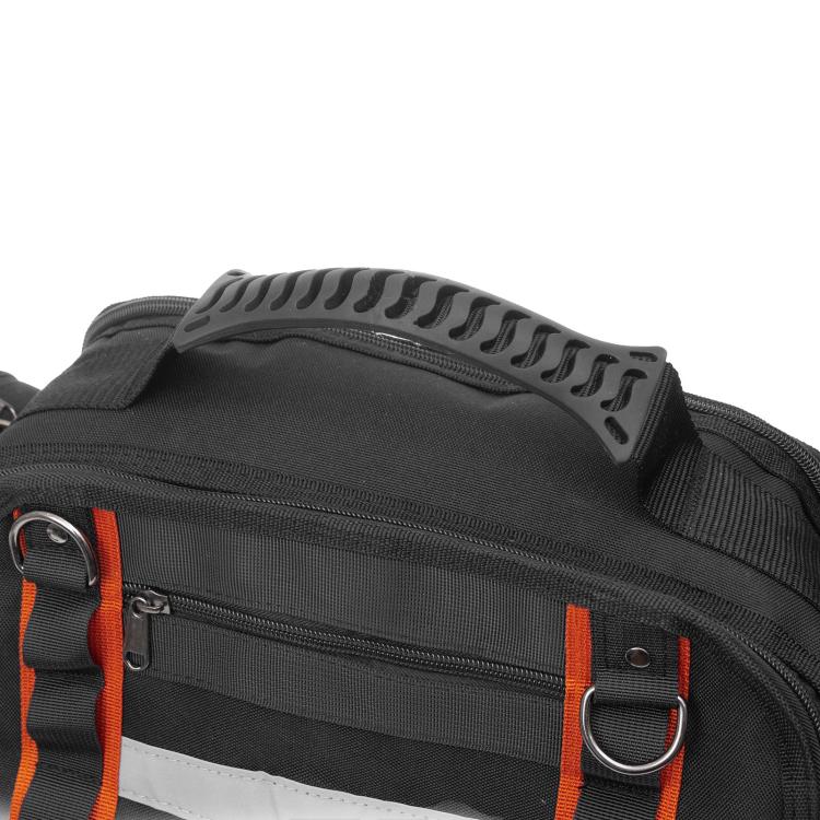 Borsa portautensili resistente in tessuto Oxford con fondo rigido, ideale per riporre utensili manuali, tester e strumenti di misurazione.