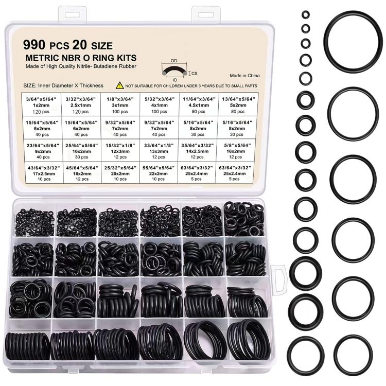 Kit di O-ring in NBR da 990 pezzi/set, 20 misure metriche, anelli di tenuta in gomma nitrilica per idropulitrici ad alta pressione, settore automobilistico, idraulico e industriale.