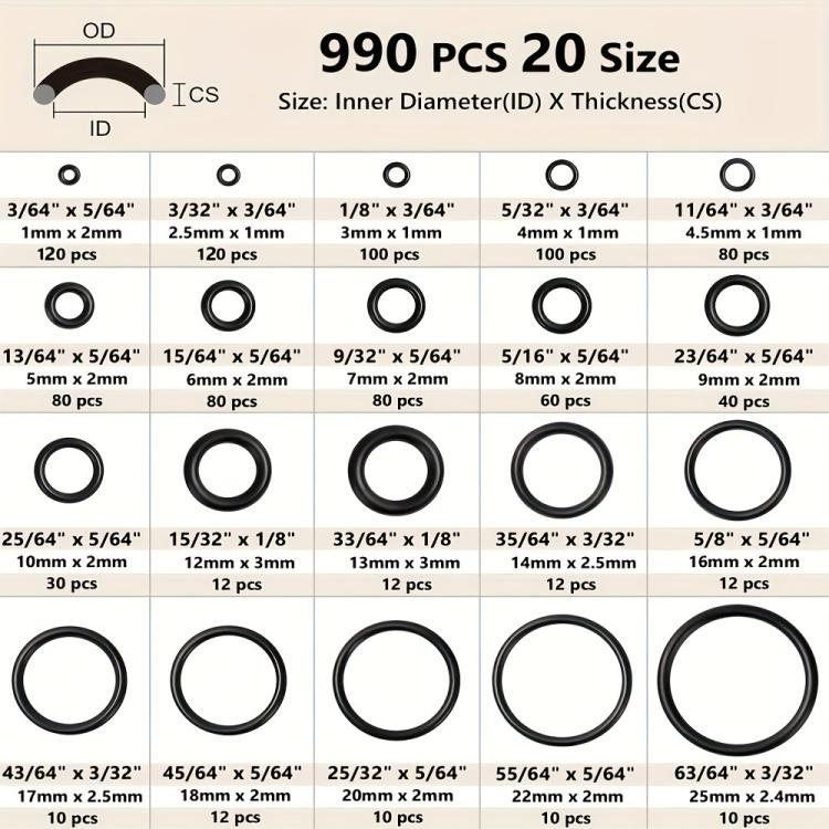 Kit di O-ring in NBR da 990 pezzi/set, 20 misure metriche, anelli di tenuta in gomma nitrilica per idropulitrici ad alta pressione, settore automobilistico, idraulico e industriale.