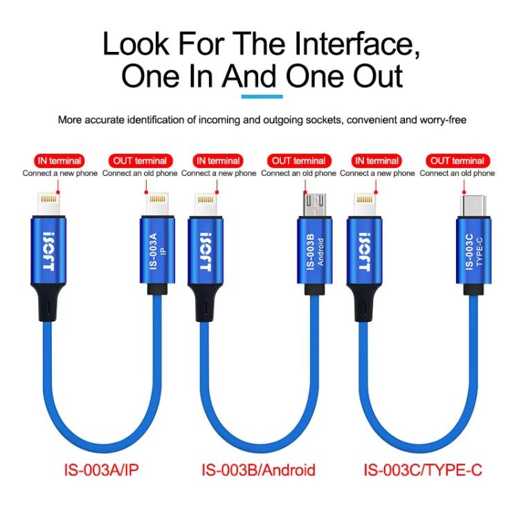 Cavo combinato per la riparazione e il trasferimento dati del telefono, ISOFT IS-003A 8 Pin To 8 Pin, ISOFT IS-003B 8 Pin To USB, ISOFT IS-003B 8 Pin To Type-C