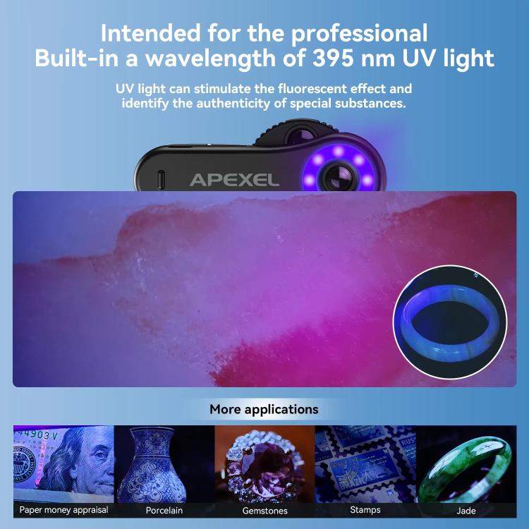 Microscopio per smartphone APEXEL TriScope 40X-80X-120X con illuminazione LED e UV a doppia temperatura., APL-MS3L