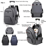 Zaino con ruote di grande capacità per uomo, trolley da cabina, zaino per laptop con spallacci a scomparsa