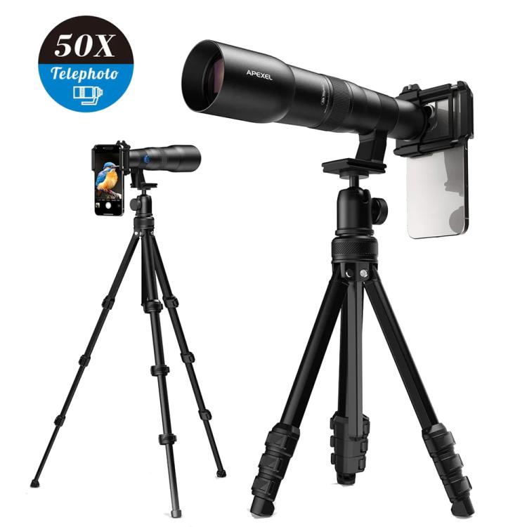 Kit obiettivo teleobiettivo APEXEL TeleCular 50x per smartphone con treppiede a testa a sfera a 360 gradi e messa a fuoco interna., APL-T50X