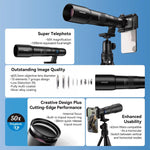 Kit obiettivo teleobiettivo APEXEL TeleCular 50x per smartphone con treppiede a testa a sfera a 360 gradi e messa a fuoco interna., APL-T50X