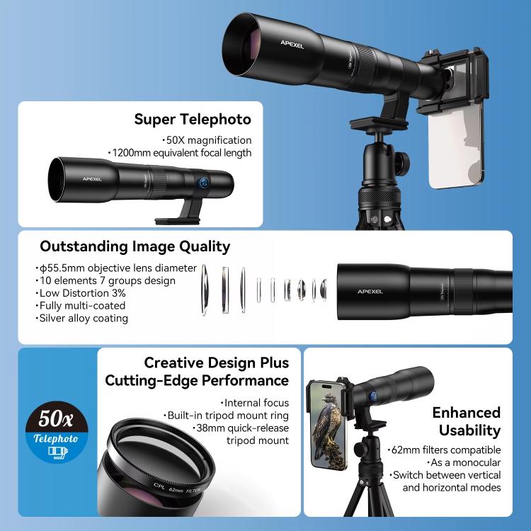 Kit obiettivo teleobiettivo APEXEL TeleCular 50x per smartphone con treppiede a testa a sfera a 360 gradi e messa a fuoco interna., APL-T50X