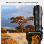 Kit obiettivo teleobiettivo APEXEL TeleCular 50x per smartphone con treppiede a testa a sfera a 360 gradi e messa a fuoco interna., APL-T50X