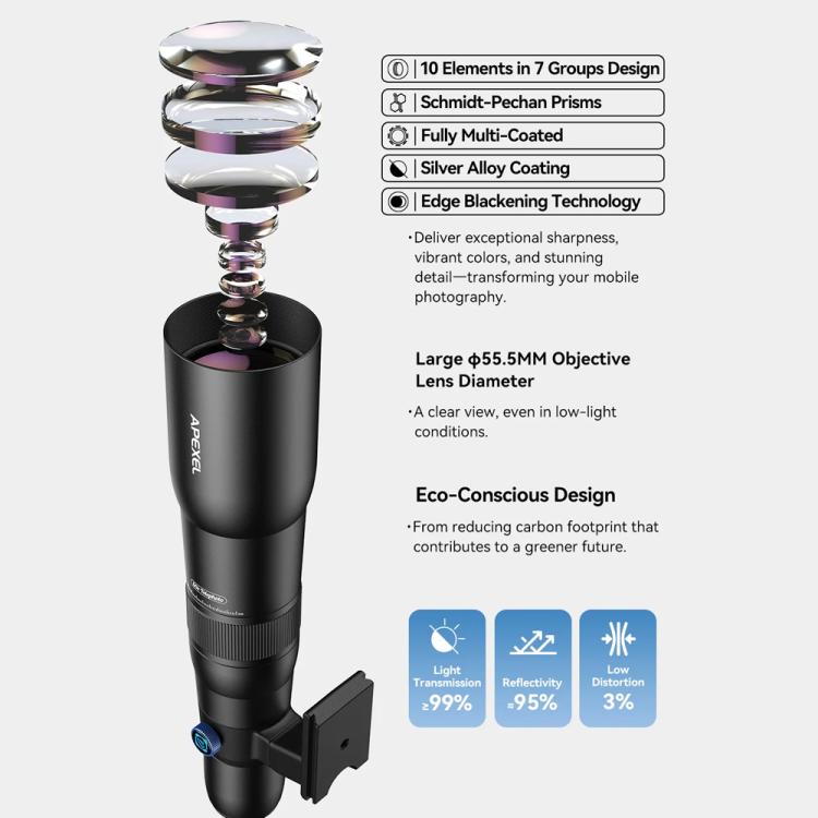 Kit obiettivo teleobiettivo APEXEL TeleCular 50x per smartphone con treppiede a testa a sfera a 360 gradi e messa a fuoco interna., APL-T50X