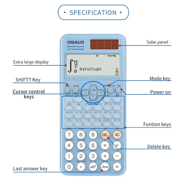 Calcolatrice scientifica OSALO OS-991ES PLUS II con 417 funzioni, alimentazione solare, ampio display, da tavolo.