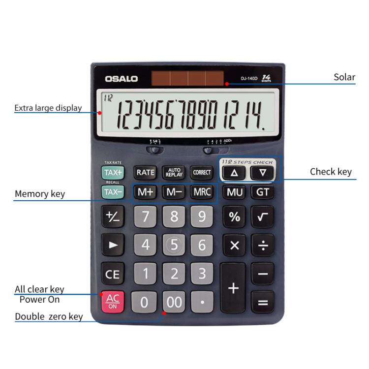 Calcolatrice di controllo e correzione OSALO DJ-140D a 14 cifre con revisione in 112 passaggi, alimentata a energia solare, ideale per ufficio, contabilità e finanza., DJ-140D