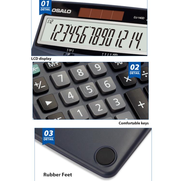 Calcolatrice di controllo e correzione OSALO DJ-140D a 14 cifre con revisione in 112 passaggi, alimentata a energia solare, ideale per ufficio, contabilità e finanza., DJ-140D