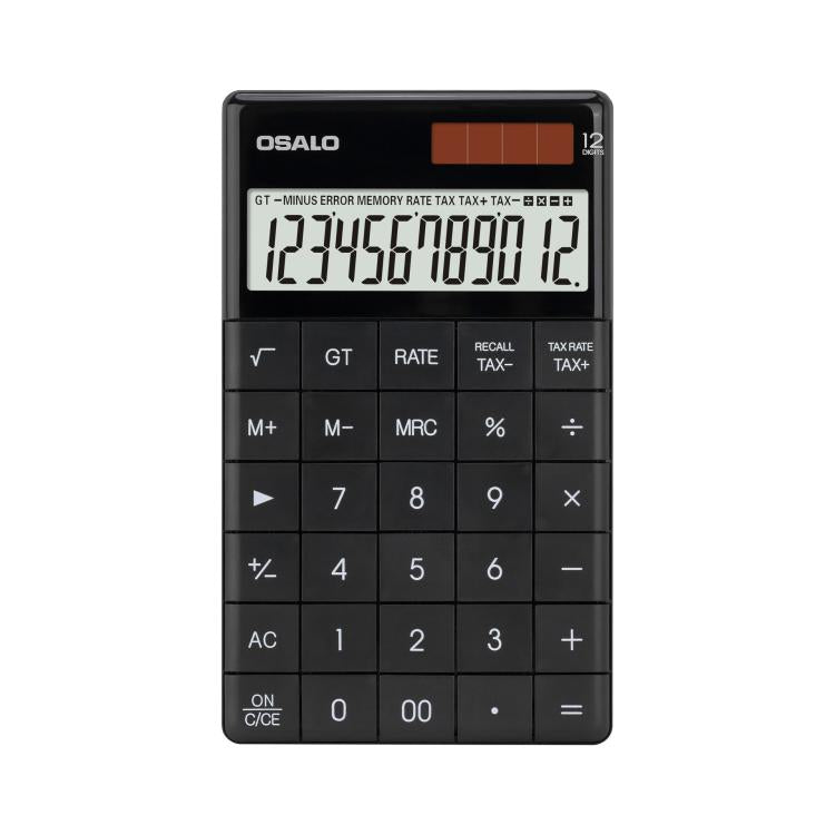 Calcolatrice fiscale OSALO A-1T con display a 12 cifre, supporto ribaltabile e doppia alimentazione solare/a batteria a bottone., A-1T