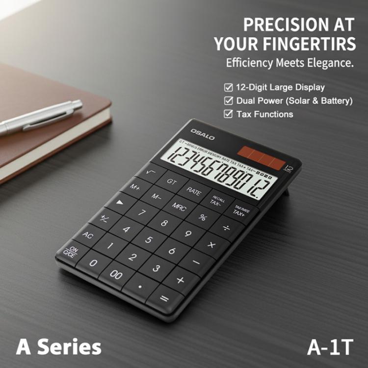 Calcolatrice fiscale OSALO A-1T con display a 12 cifre, supporto ribaltabile e doppia alimentazione solare/a batteria a bottone., A-1T