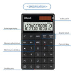 Calcolatrice fiscale OSALO A-1T con display a 12 cifre, supporto ribaltabile e doppia alimentazione solare/a batteria a bottone., A-1T