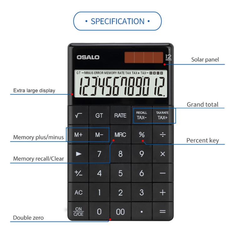 Calcolatrice fiscale OSALO A-1T con display a 12 cifre, supporto ribaltabile e doppia alimentazione solare/a batteria a bottone., A-1T