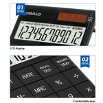 Calcolatrice fiscale OSALO A-1T con display a 12 cifre, supporto ribaltabile e doppia alimentazione solare/a batteria a bottone., A-1T