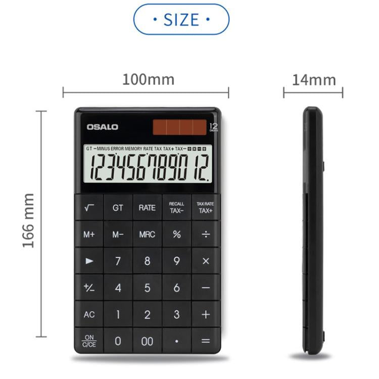 Calcolatrice fiscale OSALO A-1T con display a 12 cifre, supporto ribaltabile e doppia alimentazione solare/a batteria a bottone., A-1T