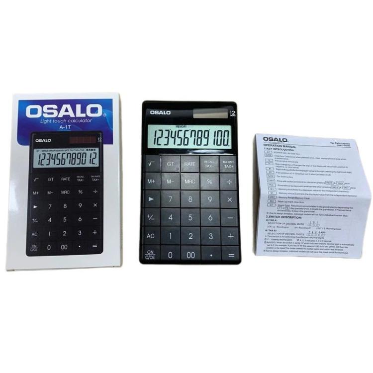 Calcolatrice fiscale OSALO A-1T con display a 12 cifre, supporto ribaltabile e doppia alimentazione solare/a batteria a bottone., A-1T