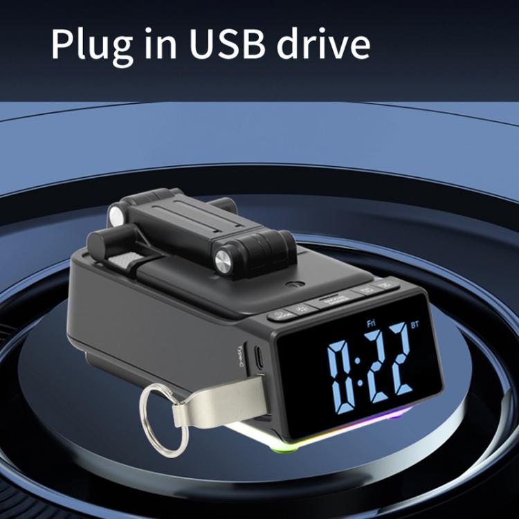 Supporto per telefono da scrivania pieghevole e regolabile 3 in 1 con altoparlante Bluetooth e sveglia., F30