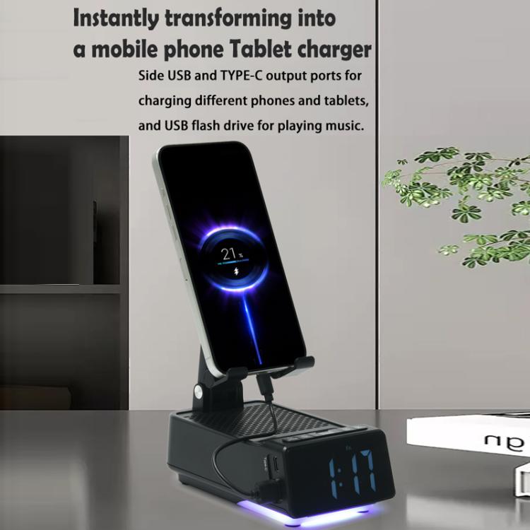 Supporto per telefono da scrivania pieghevole e regolabile 3 in 1 con altoparlante Bluetooth e sveglia., F30