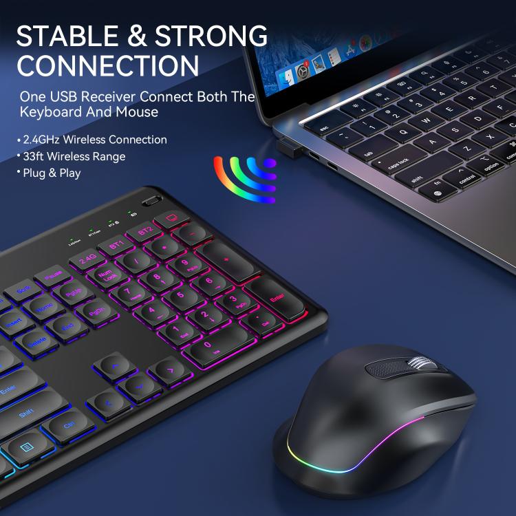 Set tastiera e mouse wireless con slot per telefono/tablet, retroilluminazione RGB, ricaricabile., 2.4G Single Mode, 2.4G & Bluetooth