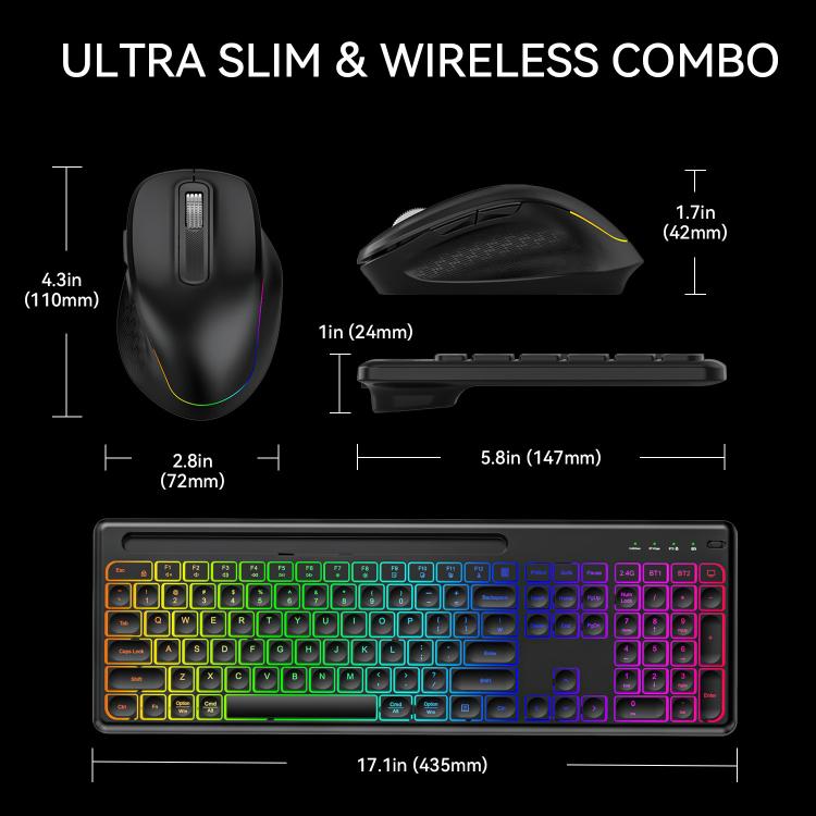 Set tastiera e mouse wireless con slot per telefono/tablet, retroilluminazione RGB, ricaricabile., 2.4G Single Mode, 2.4G & Bluetooth