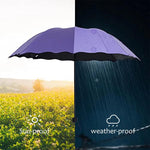 Ombrellone parasole in vinile nero a tre sezioni, rinforzato, che si apre anche da bagnato, ideale sia per le giornate di sole che per quelle di pioggia.