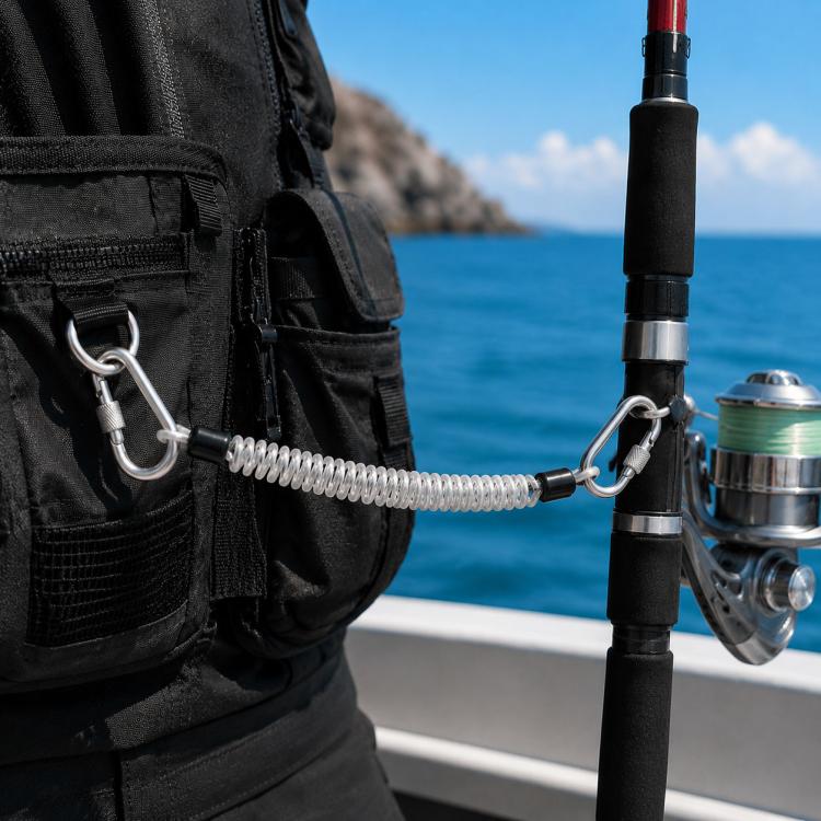 Corda di sicurezza per la pesca, resistente e robusta, a 49 fili in acciaio, con moschettone di bloccaggio., 1.5m, 2m, 3m