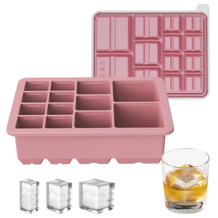 Stampo per cubetti di ghiaccio quadrati a 13 cavità di diverse dimensioni con coperchio, in silicone alimentare per un facile distacco del ghiaccio.