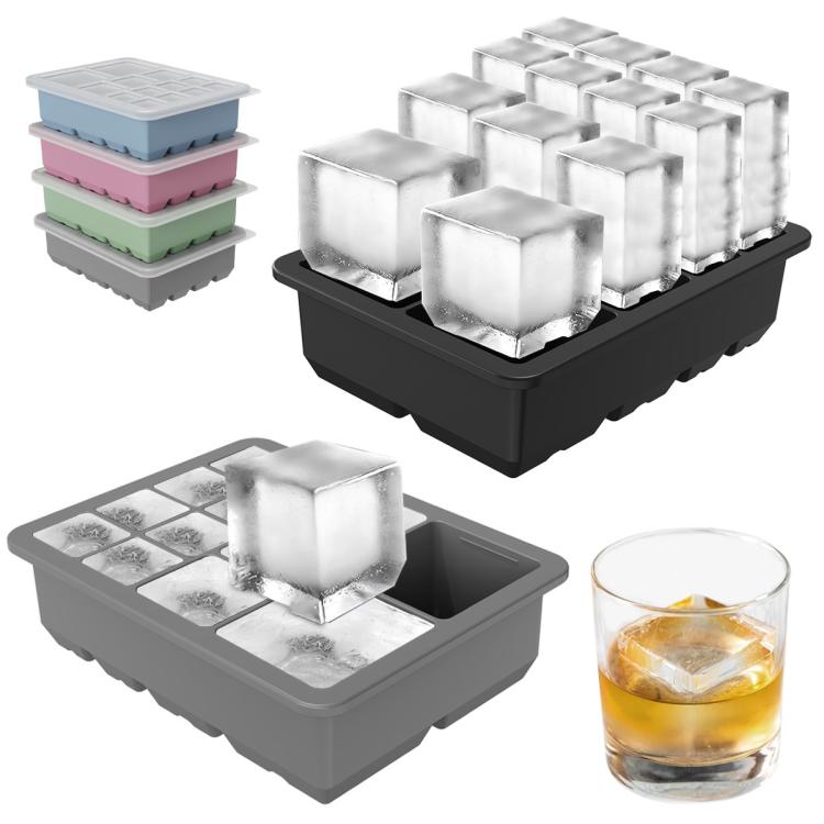 Stampo per cubetti di ghiaccio quadrati a 13 cavità di diverse dimensioni con coperchio, in silicone alimentare per un facile distacco del ghiaccio.