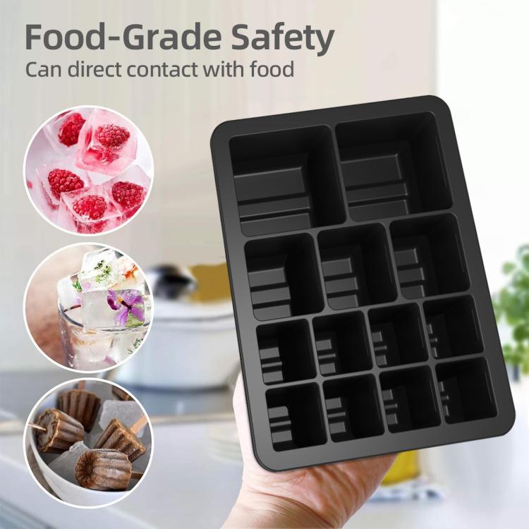 Stampo per cubetti di ghiaccio quadrati a 13 cavità di diverse dimensioni con coperchio, in silicone alimentare per un facile distacco del ghiaccio.