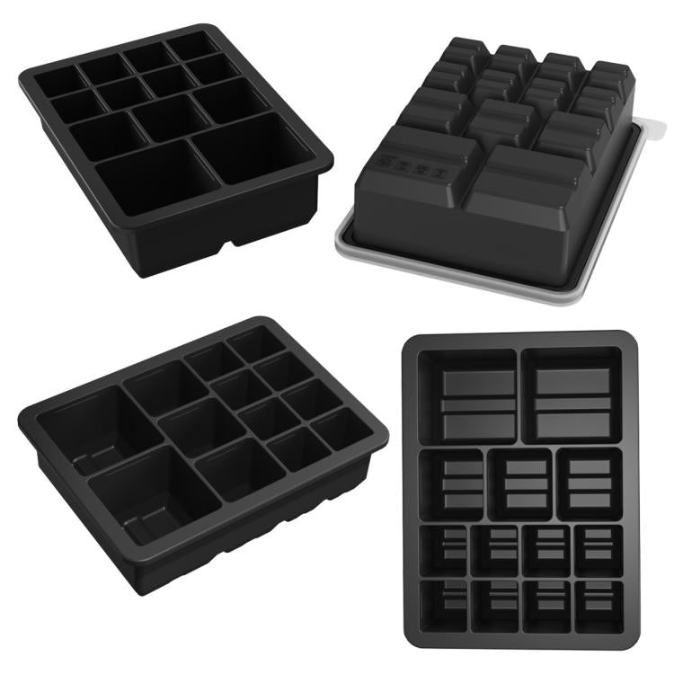 Stampo per cubetti di ghiaccio quadrati a 13 cavità di diverse dimensioni con coperchio, in silicone alimentare per un facile distacco del ghiaccio.
