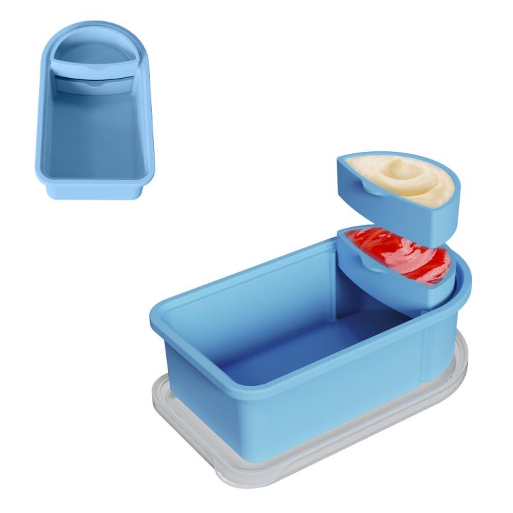 Contenitore per snack in silicone con scomparti per salse rimovibili, ideale per conservare alimenti in viaggio, per picnic e per la preparazione dei pasti.
