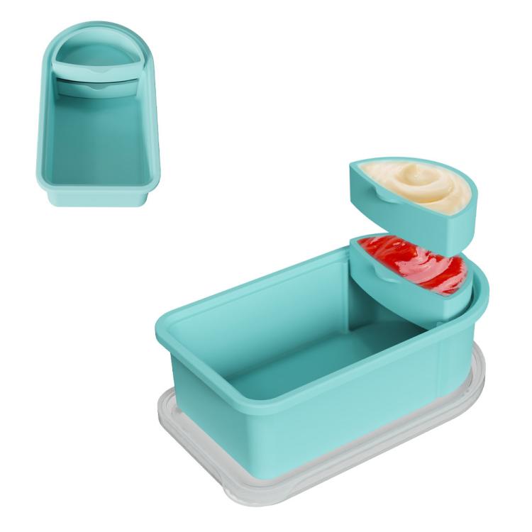 Contenitore per snack in silicone con scomparti per salse rimovibili, ideale per conservare alimenti in viaggio, per picnic e per la preparazione dei pasti.