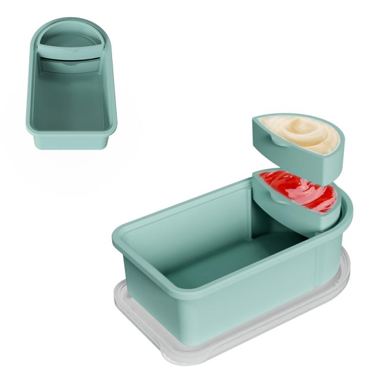 Contenitore per snack in silicone con scomparti per salse rimovibili, ideale per conservare alimenti in viaggio, per picnic e per la preparazione dei pasti.