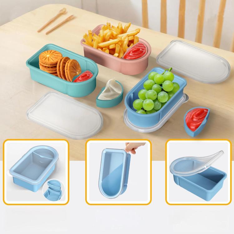 Contenitore per snack in silicone con scomparti per salse rimovibili, ideale per conservare alimenti in viaggio, per picnic e per la preparazione dei pasti.