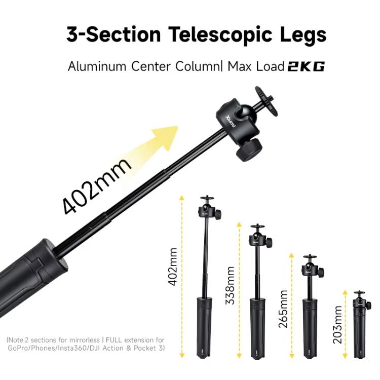 XILETU XS-21 Touch Ground Auto-Open Treppiede Selfie Stick Asta estensibile con testa a sfera universale in metallo 200-402mm