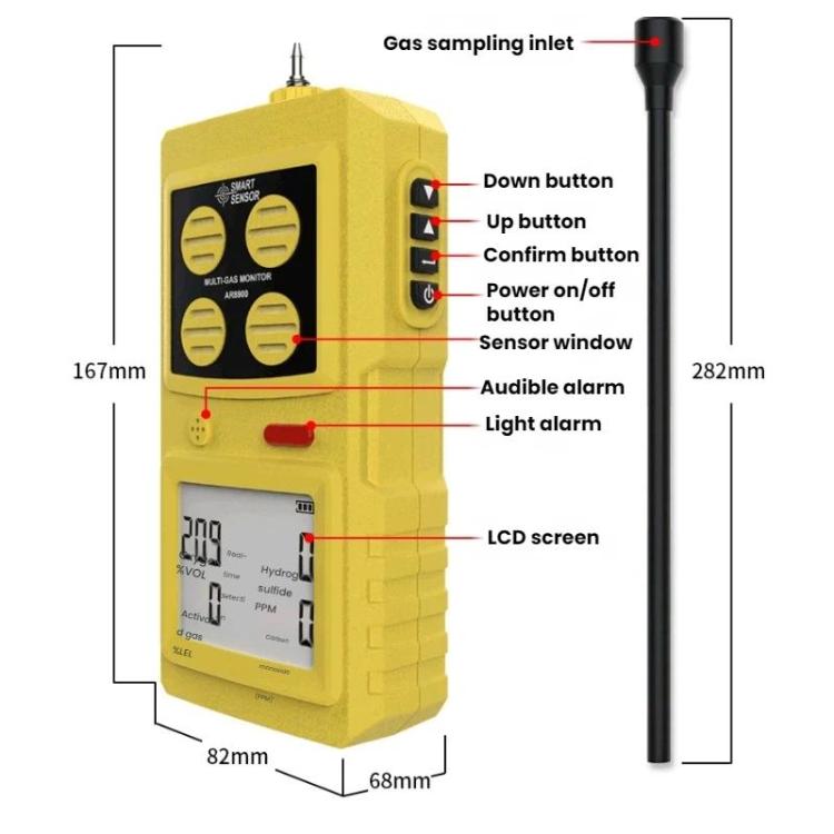 Rilevatore di gas SMART SENSOR 4 in 1 per ossigeno, solfuro di idrogeno e monossido di carbonio., AR8900