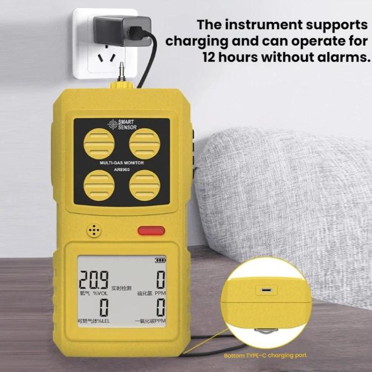 Rilevatore di gas SMART SENSOR 4 in 1 per ossigeno, solfuro di idrogeno e monossido di carbonio., AR8900