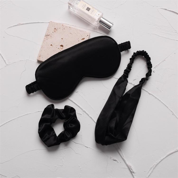 Set da notte in raso di seta sintetica, composto da 3 pezzi: maschera per gli occhi, fascia elastica per capelli e elastico per capelli.