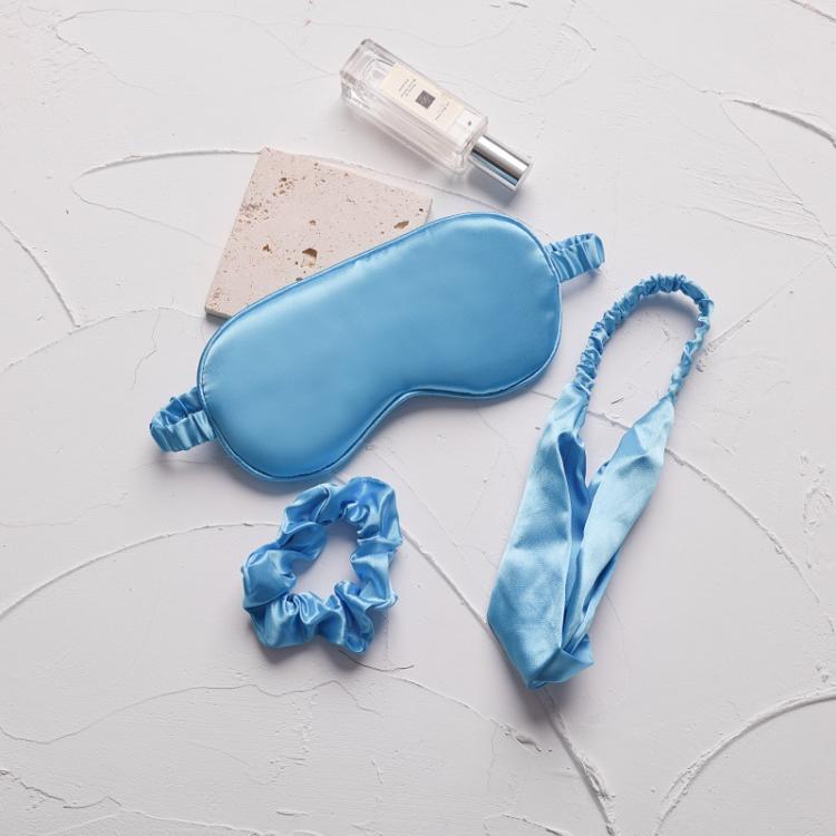 Set da notte in raso di seta sintetica, composto da 3 pezzi: maschera per gli occhi, fascia elastica per capelli e elastico per capelli.
