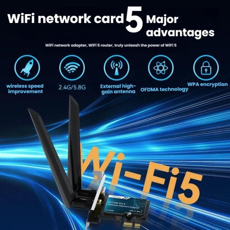 Adattatore di rete wireless Gigabit PCIe 2 in 1 VegGieg per desktop., AC1200 PCI-E to WIFI 5 + Bluetooth 4.2/5dB