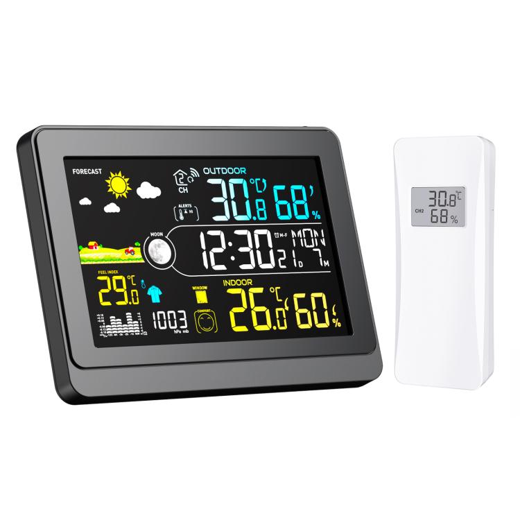 Stazione meteorologica wireless con display a colori da 5,9 pollici, orologio atomico con sensore esterno, termometro e igrometro digitale per la casa, pressione barometrica, fasi lunari.